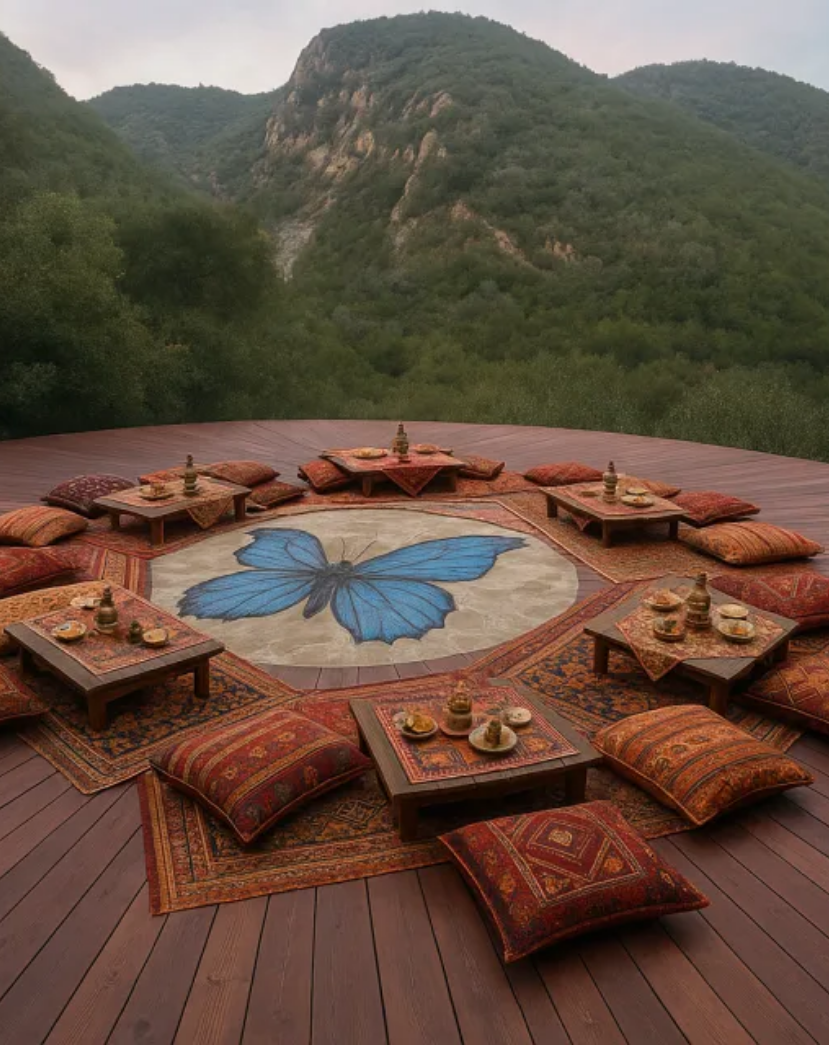 A one-day retreat gathering in the mountains with low tables, cushions, and a painted butterfly in the center